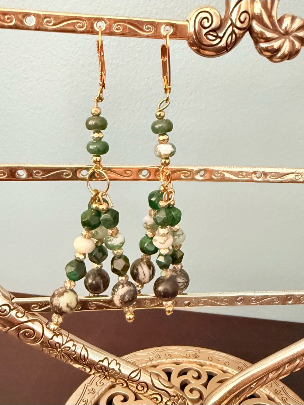 Handmade Green Beaded Dangle Earrings with Gold Accents